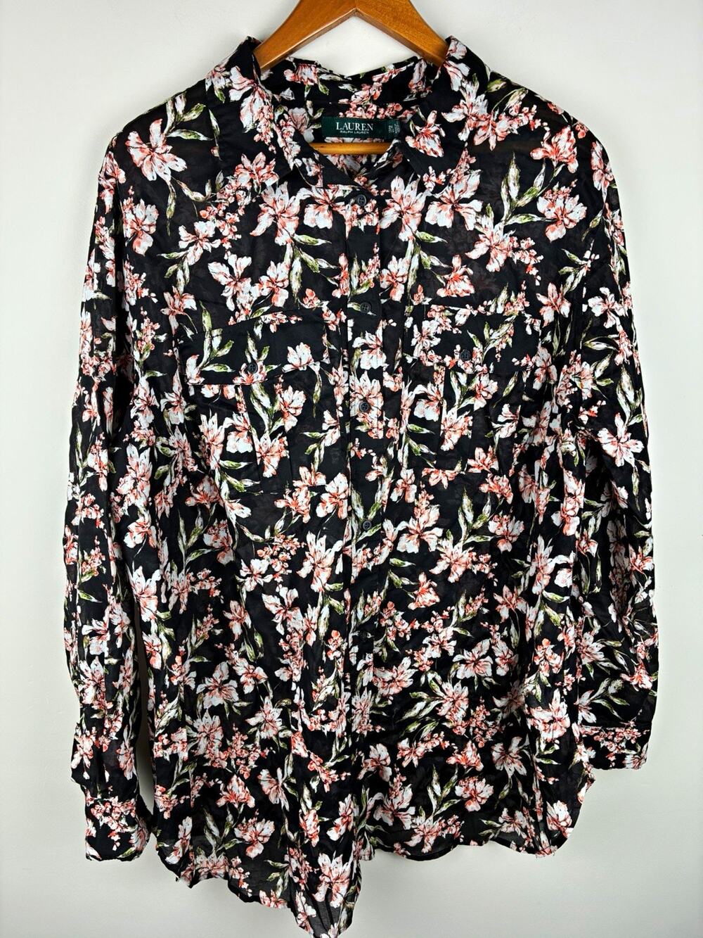 Lauren Ralph Lauren 2X Black Floral Blouse Boho Romantic Cottagecore Fall